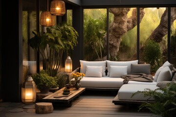 An indoor outdoor living space decorated with a lamp and plants.