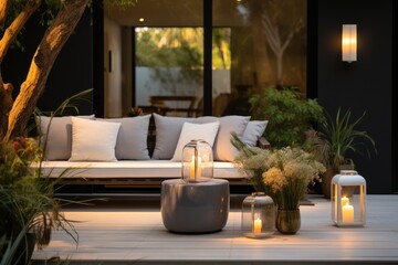 An indoor outdoor living space decorated with a lamp and plants. - obrazy, fototapety, plakaty