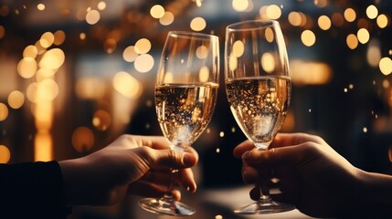 People holding glasses of champagne making a toast with wishes of happiness, Celebration Christmas or new years eve party.