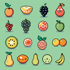 A Hand-Drawn Vector Set of Doodled Painted Fruits set collection 