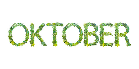OKTOBER, month, word or text made from various kinds of leaves isolated on transparent background, PNG, suitable for template design 