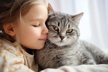 A girl kisses her cute domestic American cat. The child loves and plays with his pet.