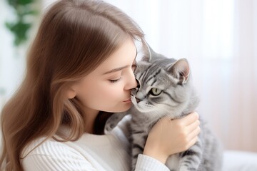 A girl kisses her cute domestic American cat. The child loves and plays with his pet.