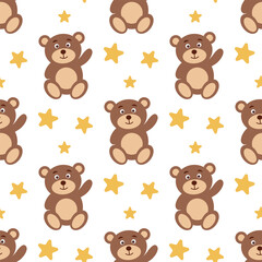 Teddy bear waves its paw seamless pattern. Cute background with toy bear and stars. Baby print for textile, clothing, fabric, wallpaper, packaging and design, vector illustration