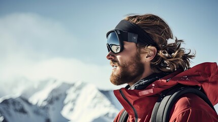 A man with beard in ski goggles and equipment looks to the side against the backdrop of a sunny winter mountain landscape - obrazy, fototapety, plakaty