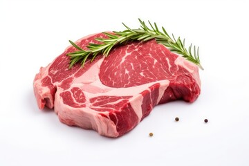 A large piece of fresh juicy red meat with streaks of fat is decorated with herbs and spices on a clean white background