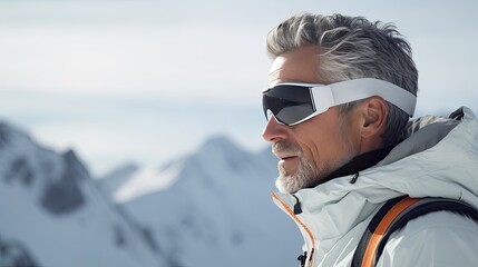 Fototapeta na wymiar Old man in ski goggles and equipment looks to the side against the backdrop of a sunny winter mountain landscape