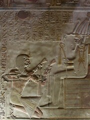 Inscriptions on the walls and columns of seti 1 temple in Abydos in Sohag in Egypt