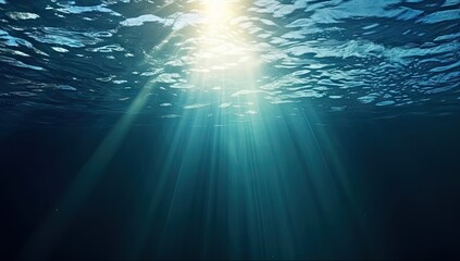 Submerged serenity. Tranquil underwater scene with sun rays and clear blue ocean. Sunlit depths....