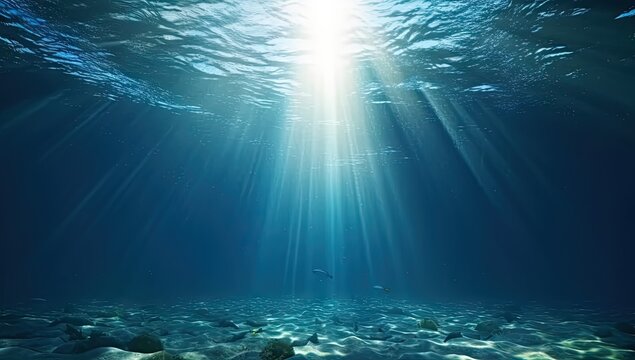 Submerged serenity. Tranquil underwater scene with sun rays and clear blue ocean. Sunlit depths. Abstract background with bright sunbeams and clear sea
