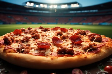 Delicious pepperoni pizza on the football pitch.