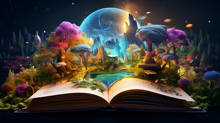 Magic book with fairy tale castle and magic trees Fantasy world - obrazy, fototapety, plakaty