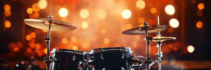 Fototapeta na wymiar Close-up of drums set on festive background. Rock concert concept. Generative AI