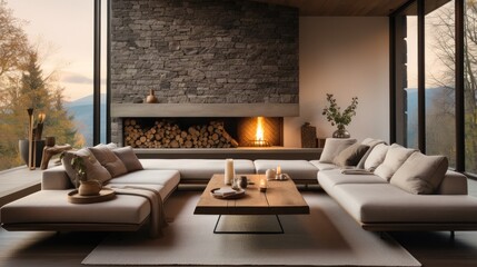 Fototapeta na wymiar A chic lounge with a stone fireplace.