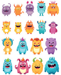 Set of Happy multiethnic preschool Monsters animals standing in different action