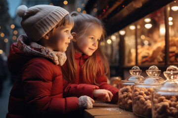 Children looking at sweets at the Christmas market.