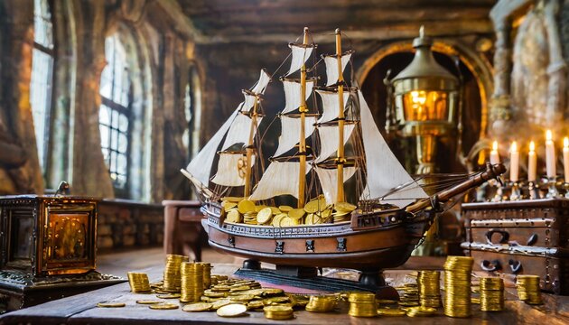 アンティークな部屋に飾られている、ゴールド金貨がたくさん乗っている帆船