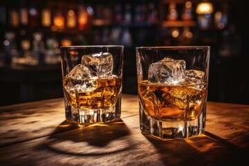 Two whiskey glasses with ice blocks sitting on a bar table in a beautiful evening setting of a restaurant.