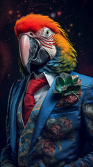 Parrot dressed in an elegant colorful suit, confident and classy. Fashion portrait of an anthropomorphic animal, bird, posing with a charismatic human attitude © mozZz