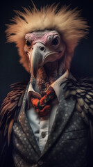 Vulture dressed in an elegant suit with a nice tie. Fashion portrait of an anthropomorphic animal, bird, raptor posing with a charismatic human attitude © mozZz