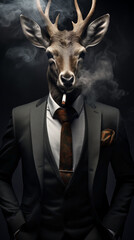 Deer dressed in a classy suit, smoking, standing as a successful leader and a confident gentleman. Fashion portrait of an anthropomorphic animal, posing with a charismatic human attitude © mozZz