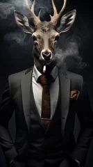 Deer dressed in a classy suit, smoking, standing as a successful leader and a confident gentleman. Fashion portrait of an anthropomorphic animal, posing with a charismatic human attitude © mozZz