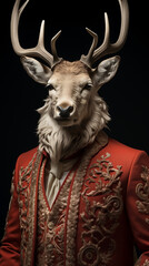 Reindeer dressed in an elegant red suit, confident and classy. Fashion portrait of an anthropomorphic animal, deer, posing with a charismatic human attitude © mozZz
