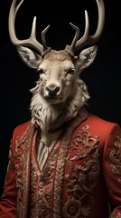 Reindeer dressed in an elegant red suit, confident and classy. Fashion portrait of an anthropomorphic animal, deer, posing with a charismatic human attitude © mozZz