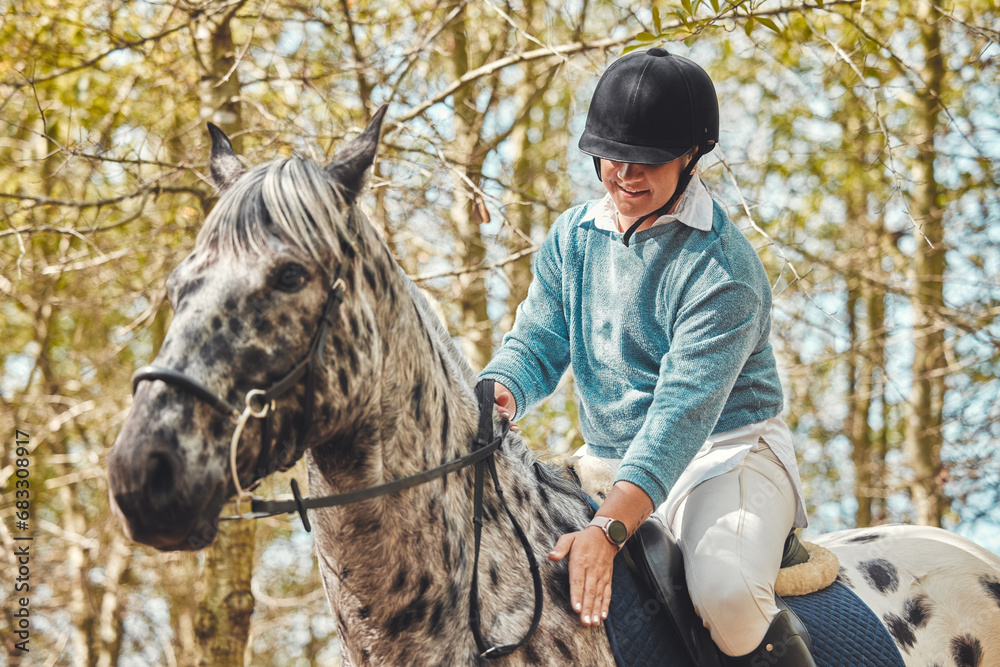 Wall mural Horse with woman, riding in forest and practice for competition, race or dressage with trees in nature. Equestrian sport, female jockey or rider on animal in woods for adventure, training and care.