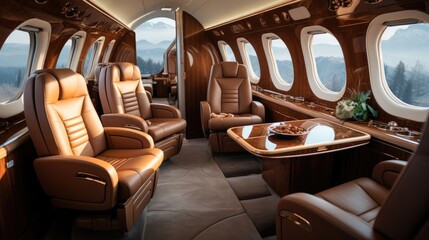 Luxurious private jet featuring plush leather seats, Opulent lifestyle.