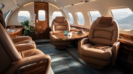 Luxurious private jet featuring plush leather seats, Opulent lifestyle.