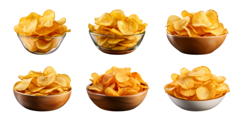 Collection set of potato chips in a bowl isolated on a transparent background