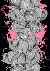 Abstract composition of wavy black lines on the background of a purple grunge blob