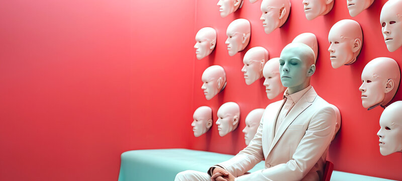  Surreal photo of person without face in an empty red room, the concept of depression, loneliness and rejection of oneself in society, banner with copy space for text