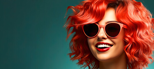 Beautiful young laughing woman with short pink hair and wearing the sunglasses on blue background, web banner with copy space for text
