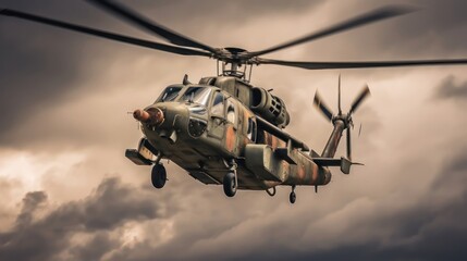 Military helicopter flying in the cloudy sky. Patriotism Concept. Air Force Concept. Military Concept.