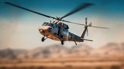Fototapeta na wymiar Helicopter in flight over the desert at sunset, close-up. Patriotism Concept. Air Force Concept. Military Concept.