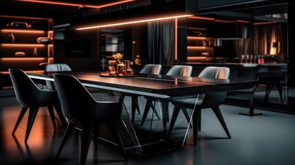 A sophisticated dark black dining room featuring a sleek glass table, minimalist black chairs with ambient LED strip lighting under the table.