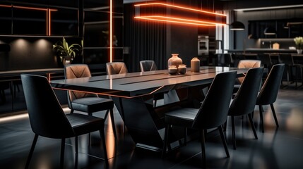 Fototapeta na wymiar A sophisticated dark black dining room featuring a sleek glass table, minimalist black chairs with ambient LED strip lighting under the table.