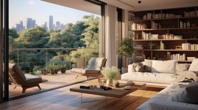 Living room style country modernism with balcony sliding doors.