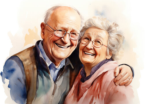 Grandparents day, grandma and grandpa hugging and happy, watercolor, white background, July 23