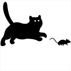 Silhouette of a cat and a mouse. Vector, illustration.