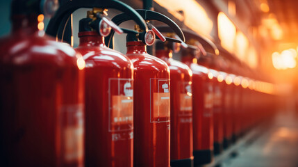 Close-up of row of fire extinguishers. - obrazy, fototapety, plakaty