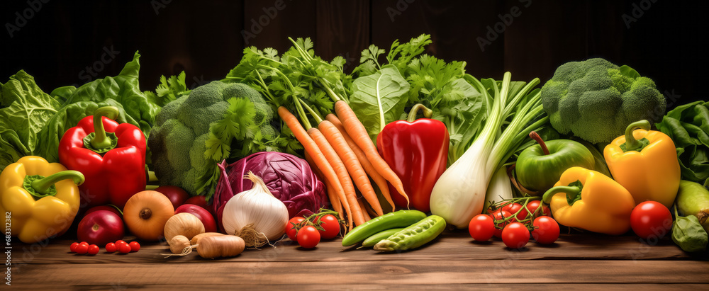 Wall mural Assorted fresh vegetables on a dark wooden background