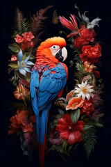 multi-colored cockatoo parrot sits in flowers on a black background
