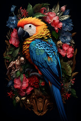 multi-colored cockatoo parrot sits in flowers on a black background