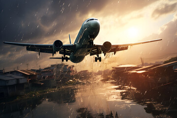 Naklejka premium the plane flies in the clouds at sunrise over the city close-up