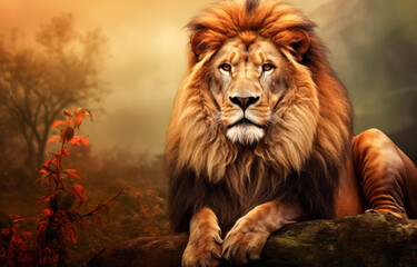 Lion in the forest. Wildlife scene from nature. Animal portrait.