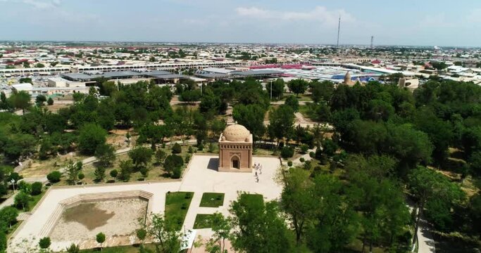 Drone flies over Ismoil Somoniy madrasah on sunny day
