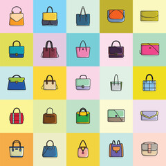 Collection Of 25 Women Event Purses vector illustration. Beauty fashion objects icon concept. Set of Hand and shoulder bags models in modern style vector design.